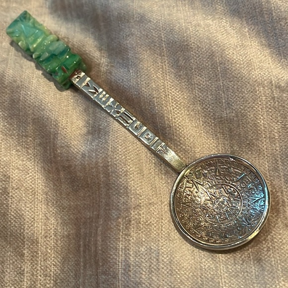 Mexican Green Jade Mayan Calendar Spoon Silver 4 1/4” - Picture 1 of 11